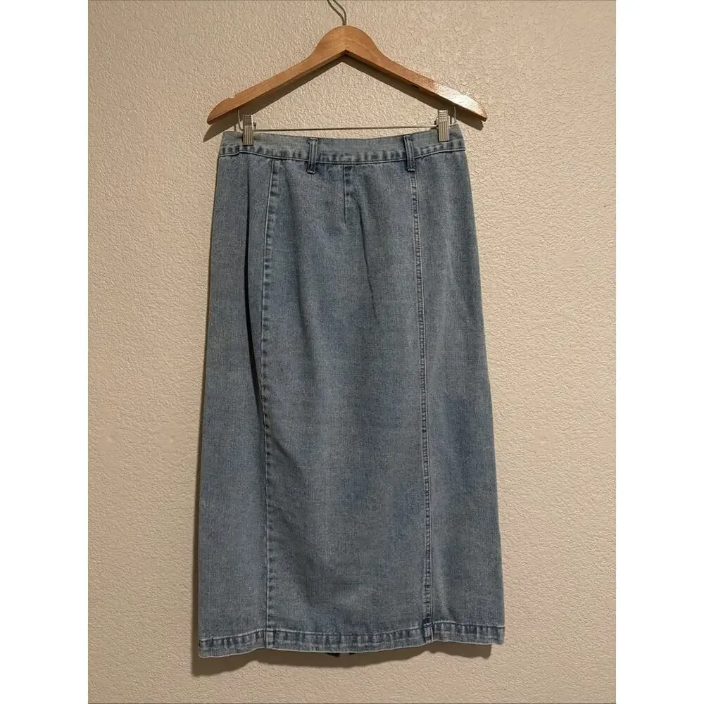 Boutique Denim Blue Jean Maxi Skirt Y2K 90s Grunge Western Country Button Up L
